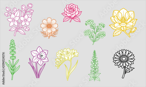 Modern floral vector illustration collection featuring elegant flowers, leaves, and botanical elements. Perfect for logo design, branding, invitations, wedding stationery, packaging, textile prints