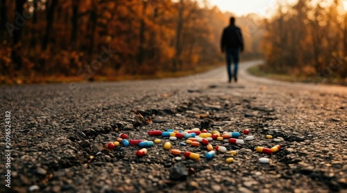 Despair and addiction a lone figure walks away from scattered prescription pills on asphalt