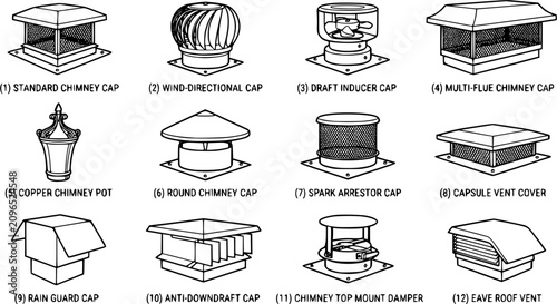 Black line roof chimney cap vector collection, fireplace vent covers and chimney protection components isolated on white background, residential roofing illustration