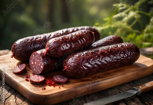 Four blood sausages on wood...