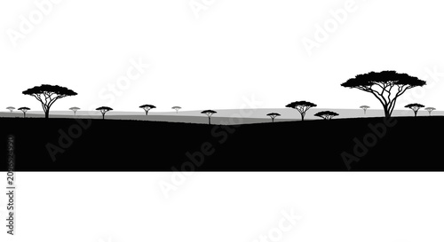 Tableau sur toile African savanna trees landscape in black and white silhouette