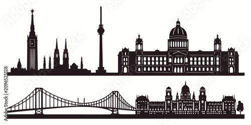 Foto Black and white city skyline with iconic buildings silhouette