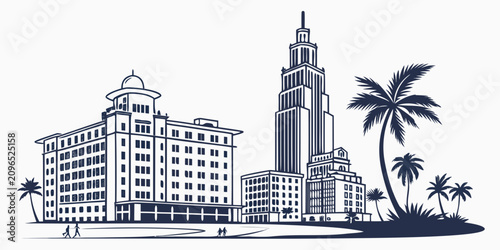 Tableau sur toile Black and white of luxury beachfront hotel with palm trees