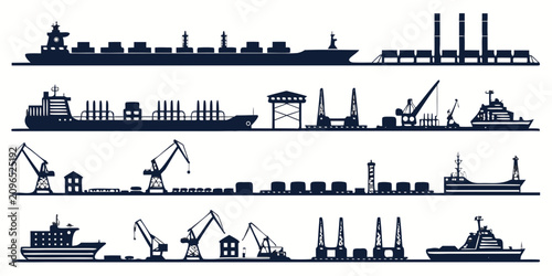 Tableau sur toile Black and white shipping port cranes, containers, ships
