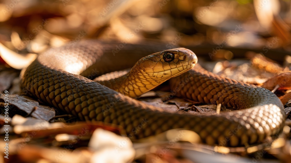 Fototapeta premium Eastern brown snake in natural bush habitat with detailed scale texture