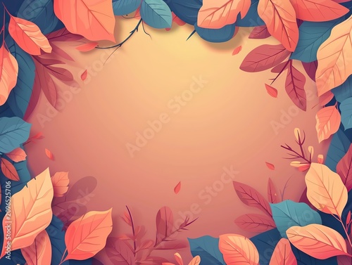 Elegant Autumn Leaves Frame Background with Central Copy Space, Artistic Fall Foliage Border in Soft Peach and Blue Tones for Seasonal Marketing and Design
