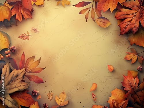 Autumn Leaves Frame on Textured Background - Beautiful Fall Border with Copy Space for Seasonal Greeting Cards and Marketing Designs

