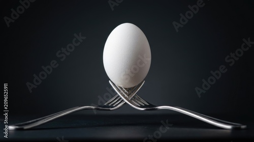 Elegant white egg balanced on silver forks against a dark moody background food still life
