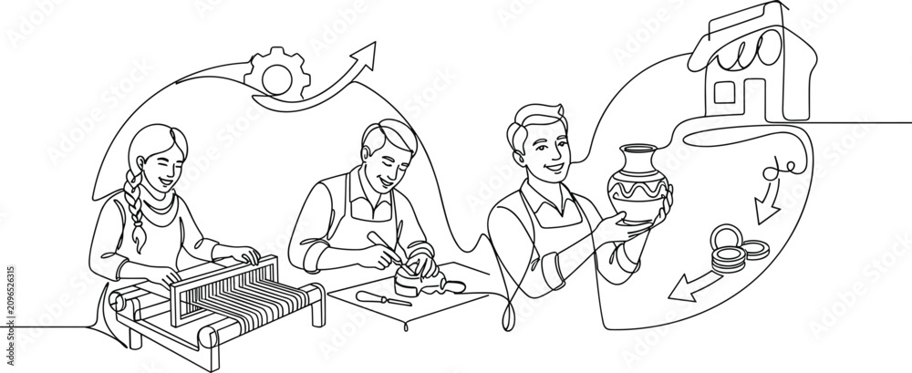 Obraz premium Continuous line art illustration of craftsmen working on handmade products for small business.