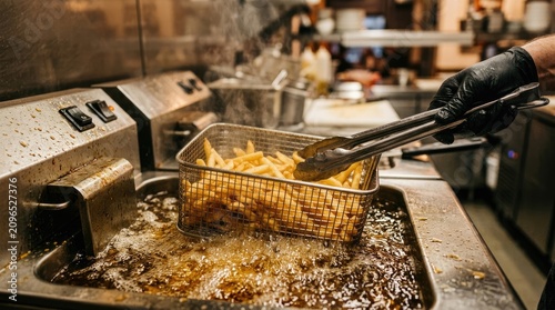 Golden french fries being lifted from a commercial deep fryer in a restaurant kitchen