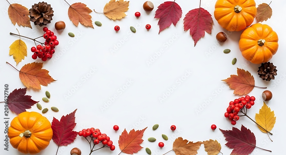 Fototapeta premium Autumnal flat lay with pumpkins leaves and berries on white background