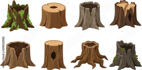 Cartoon Tree Stump Vector Set With Moss Wood Rings And Roots For Nature Design