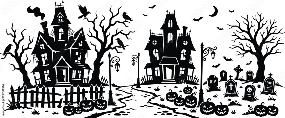 Fototapeta premium Spooky halloween scene with haunted houses bats and jack o' lanterns