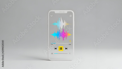 Smartphone displaying colorful music waveform on screen with pause button on a gray background