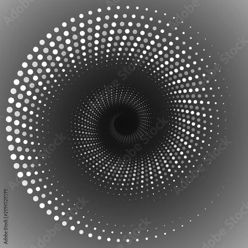 An abstract spiral of glowing white dots against a dark background forms a harmonious vortex, creating a sense of depth, movement, and digital energy. Suitable for high-tech and futuristic design