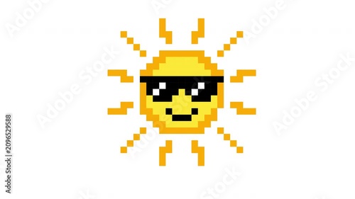 Pixel art sun with sunglass. Pixelated movie. 4K animation in retro 8 bit arcade game style with alpha channel