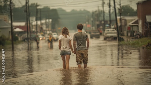 Two people walking through floodwaters on a town street, walking in the rain