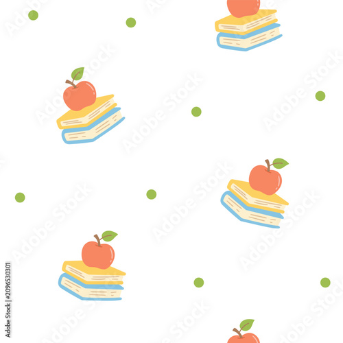 School education pedagogy seamless pattern set featuring apple books stack leaf stem fruit pages covers spines bindings paper sheets dots