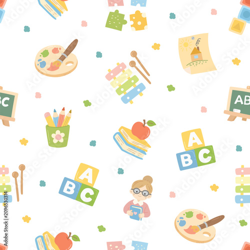 School education pedagogy seamless pattern set featuring teacher palette blackboard pencils apple books cubes xylophone stationery alphabet puzzles crayons abacus