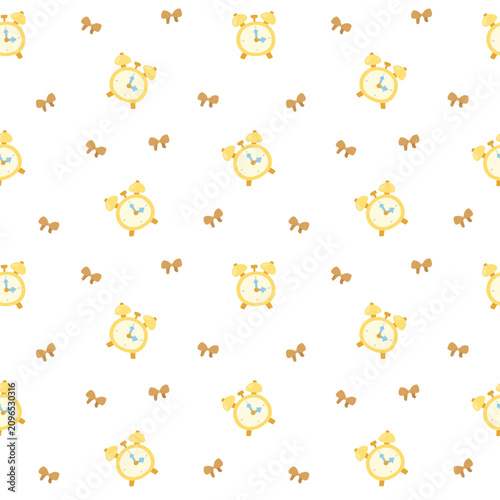 School education pedagogy seamless pattern set featuring clock bow ribbon bell dial knot loop hands face minutes hours ornament alarm