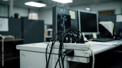 Overloaded power strip fire in office setting with smoke and damaged electrical equipment