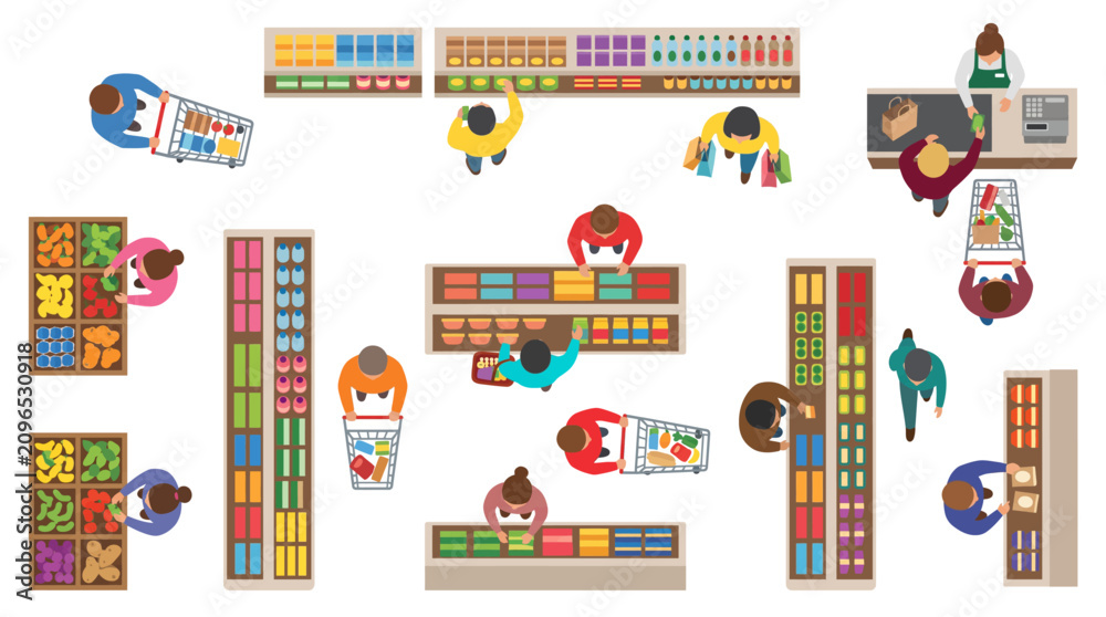 Fototapeta premium Top View Market Shopping People Flat Vector Overhead Bird Eye View Retail Store Consumer Illustration EPS SVG Isolated White Background