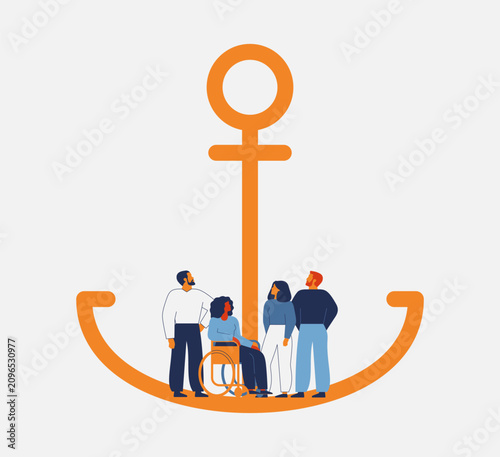 confident group of business people standing side by side at an anchor. teamwork, stability, unity, and steady leadership. grounded workforce holding down a company. vector illustration
