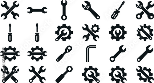 Fotografie Black tool icons set wrenches screwdrivers pliers gears and hex keys for repair