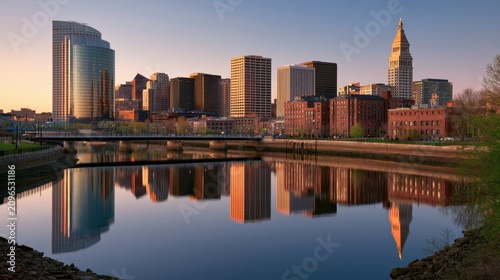 Hartford Skyline at Dusk Along the Connecticut River: A Riverside Cityscape