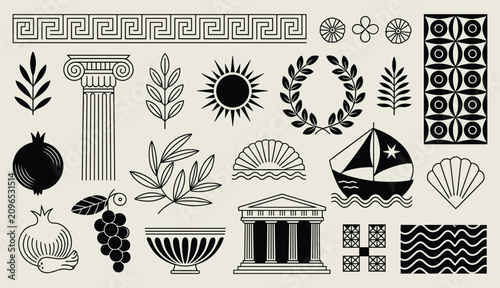 Greek antiquity ancient style decorative ornament and mythology icon collection with temple pillars mythology icons classic design antiquity