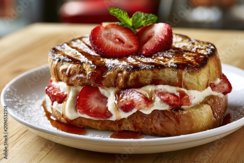 Close-Up of Cream Cheese Strawberry Stuffed French Toast with Powdered Sugar