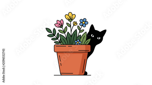 Helloween Cartoon black cat hiding behind flowers, potted plant, gardening, pet, vector illustration vector