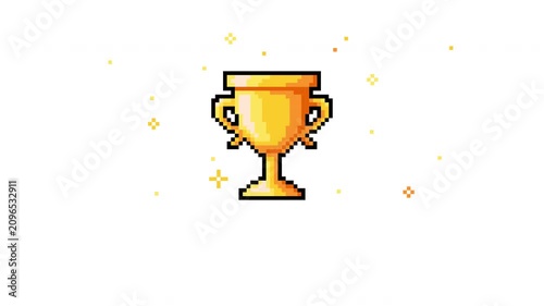 Pixel art you win text with winner golden cup and stars on white  background. Pixelated interface for 8 bit arcade games. 4K footage with alpha channel