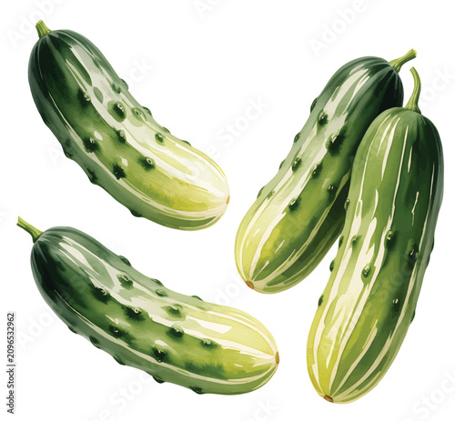 Fotografie Fresh Cucumber Vegetable Watercolor Painting for Kitchen and Farm Design