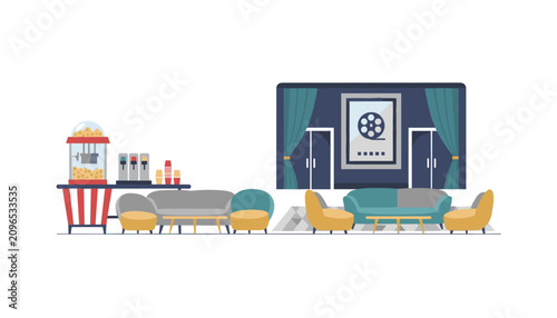 Cinema lobby lounge with popcorn maker and refreshment area next to cozy seating furniture featuring film reel poster on dark blue wall.