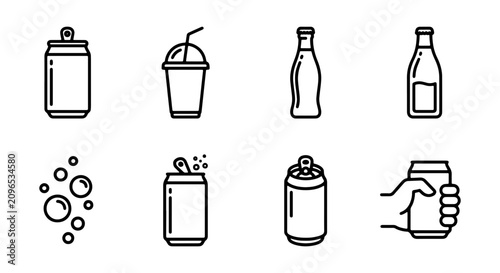 Картината върху платно Beverage Icons: Soda Cans, Bottles, Cups, and Bubbles, Refreshment Drink Vector