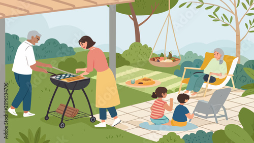 Family having a barbecue party in the backyard garden with senior citizens home life barbecue backyard lifestyle gathering relaxing children grilling sunshine togetherness enjoyment