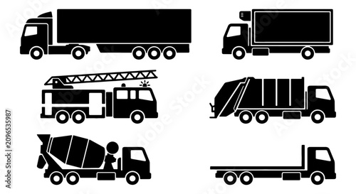 Tableau sur toile Set of Six Black Vector Icons: Semi-Truck, Delivery Truck, Fire Engine, Garbage