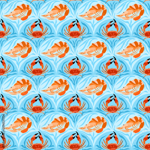 Seamless pattern with shrimp and crabs on abstract blue wave background for nautical food design