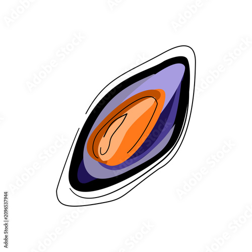 Single fresh mussel on white background, isolated seafood illustration