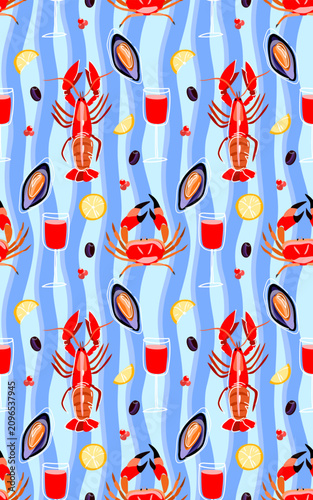 Seamless pattern with lobster, crab, seafood, and wine on blue wavy background for summer restaurant menu