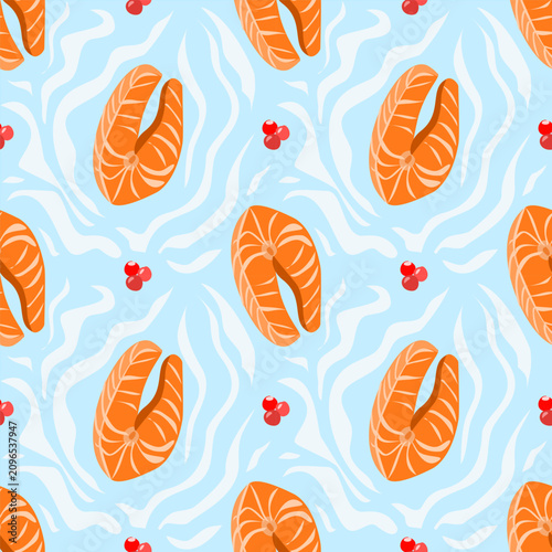 Seamless pattern with salmon steaks and red berries on light blue abstract water background