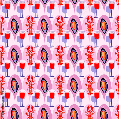 Seamless pattern with lobster, mussels and wine glasses on pink abstract background for seafood menu