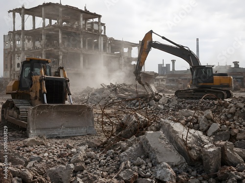Heavy Machinery Demolishing Old Concrete Building Structure