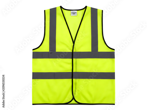 High visibility yellow neon safety vest featuring reflective grey stripes and durable mesh fabric construction displayed on transparent background