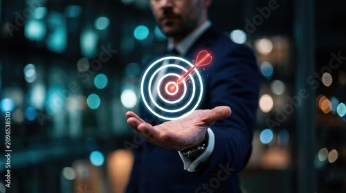 Business professional holding a glowing target with dart in hand