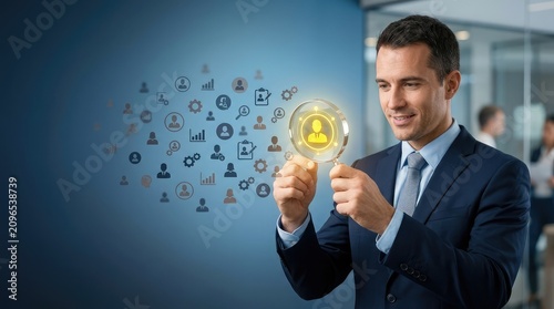 Human resources technology executive examining candidate data with digital interface
