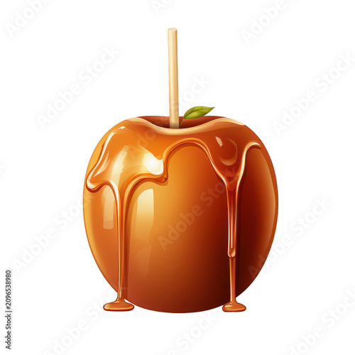 caramel apple with stick on transparent white background