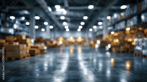 Blurred warehouse background representing e commerce logistics and delivery network.