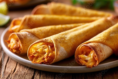 Crispy taquitos filled with chicken and cheese, warm lighting, horizontal food photograph